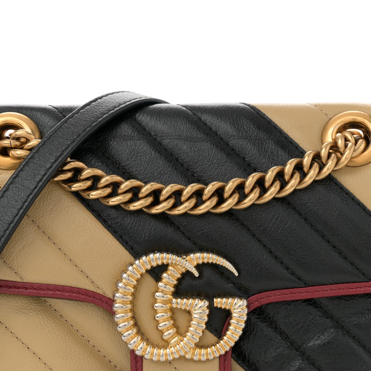 Vintage Effect Calfskin Matelasse Diagonal Striped Mini Torchon GG Marmont Shoulder Bag Black Beige