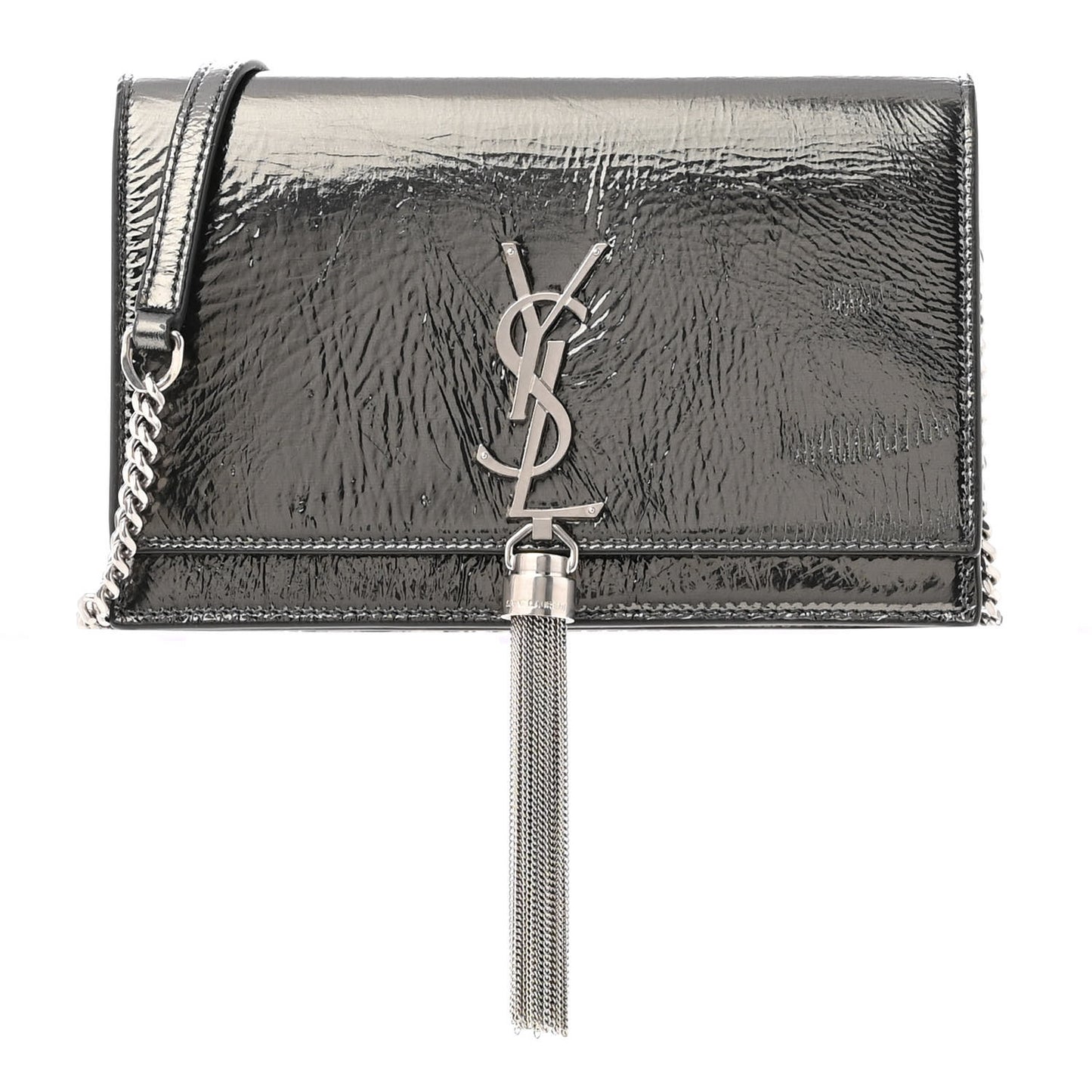 Metallic Crackled Calfskin Kate Monogram Tassel Chain Wallet Antracite Black