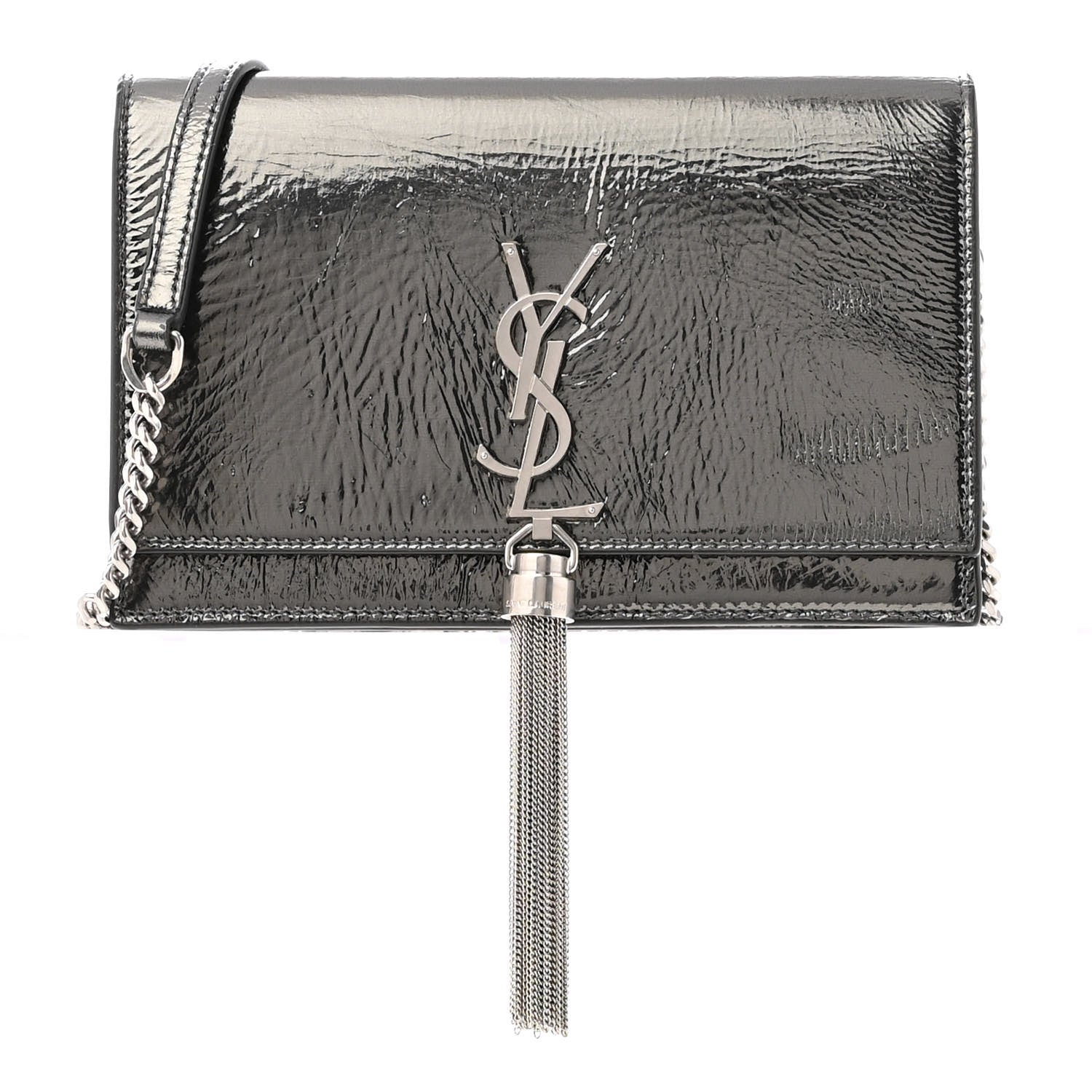 Saint Laurent Metallic Crackled Calfskin Kate Monogram Tassel Chain Wallet Antracite Black 1 of 16