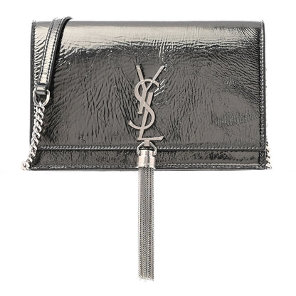 Saint Laurent Metallic Crackled Calfskin Kate Monogram Tassel Chain Wallet Antracite Black 1 of 16