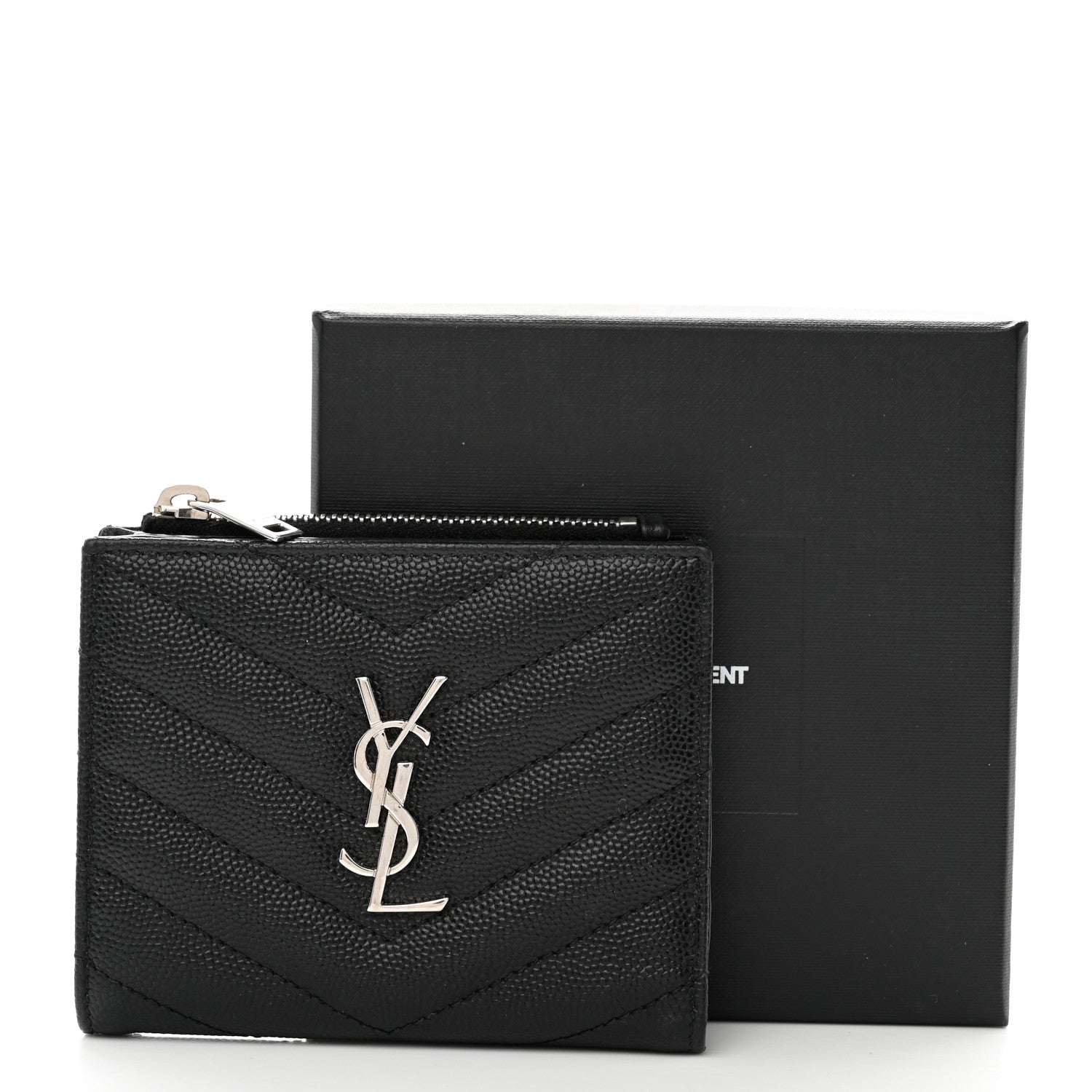 Saint Laurent Grain De Poudre Matelasse Chevron Monogram Zipped Card Case Black 8 of 8