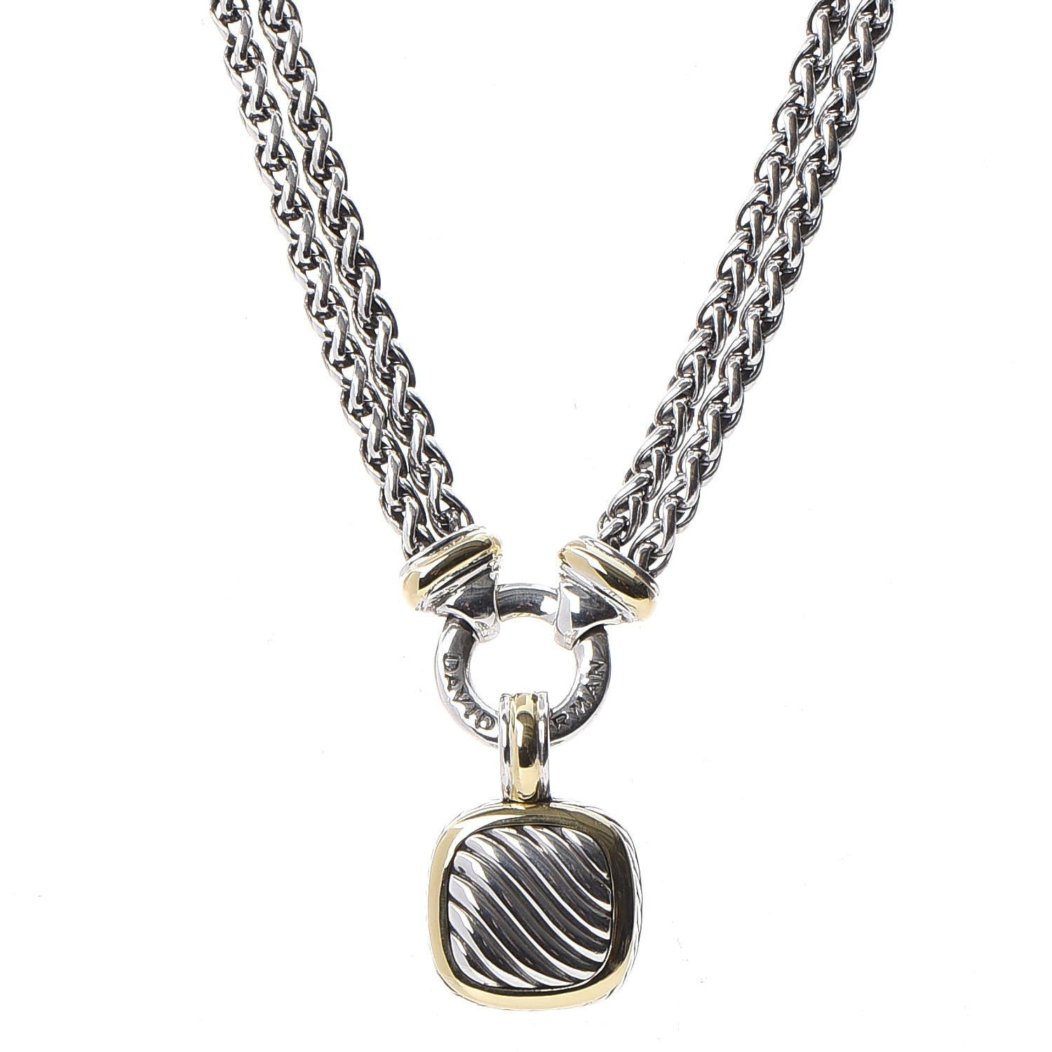 David Yurman Sterling Silver 18K Yellow Gold Double Wheat Chain Carved Cable Pendant Necklace 1 of 8