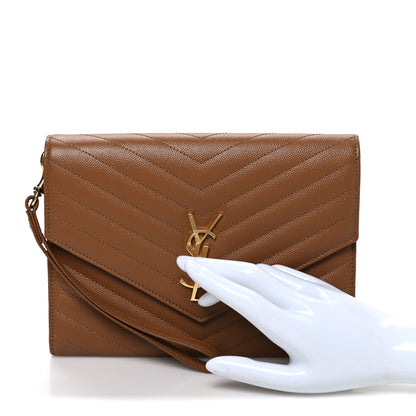 Saint Laurent Grain De Poudre Matelasse Chevron Monogram Cassandre Flap Pouch Natural Dark 2 of 7