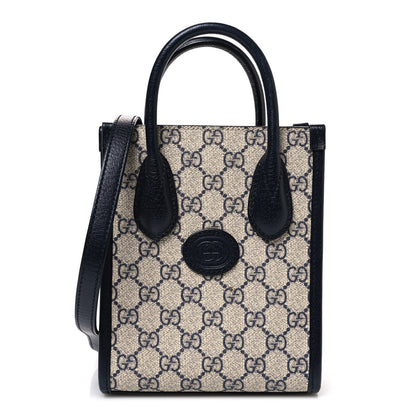 Gucci GG Supreme Monogram Textured Dollar Calfskin Mini Retro Interlocking G Tote Bag Beige Blue 1 of 10