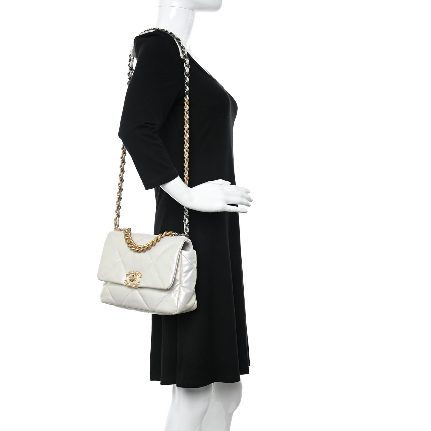 Iridescent Calfskin Quilted Medium Chanel 19 Flap White
