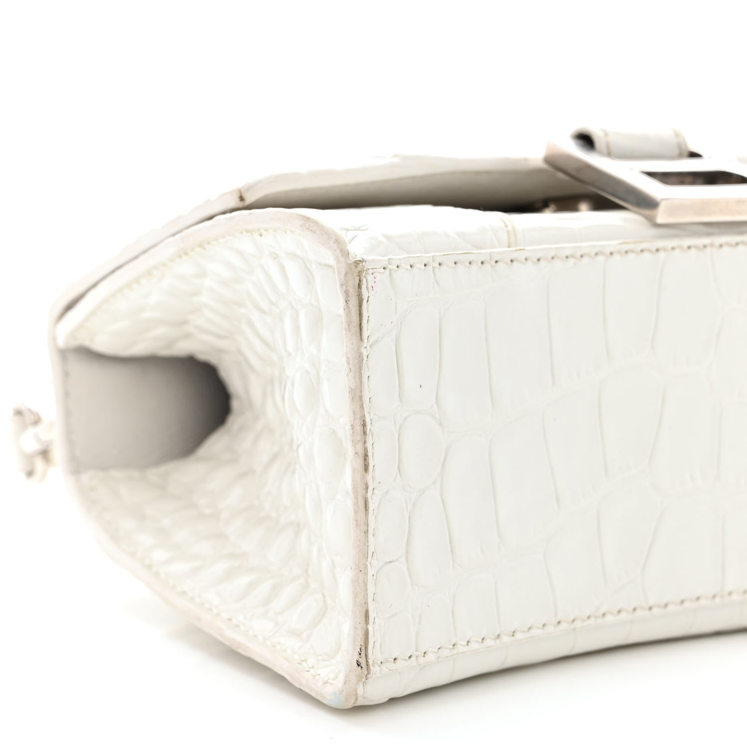 Balenciaga Shiny Calfskin Crocodile Embossed Hourglass Top Handle Bag XS White 12 of 19