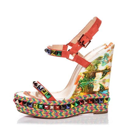 Christian Louboutin Lambskin Suede Cubana Cataclou 140 Wedge Sandals 39 Poppy 1 of 7