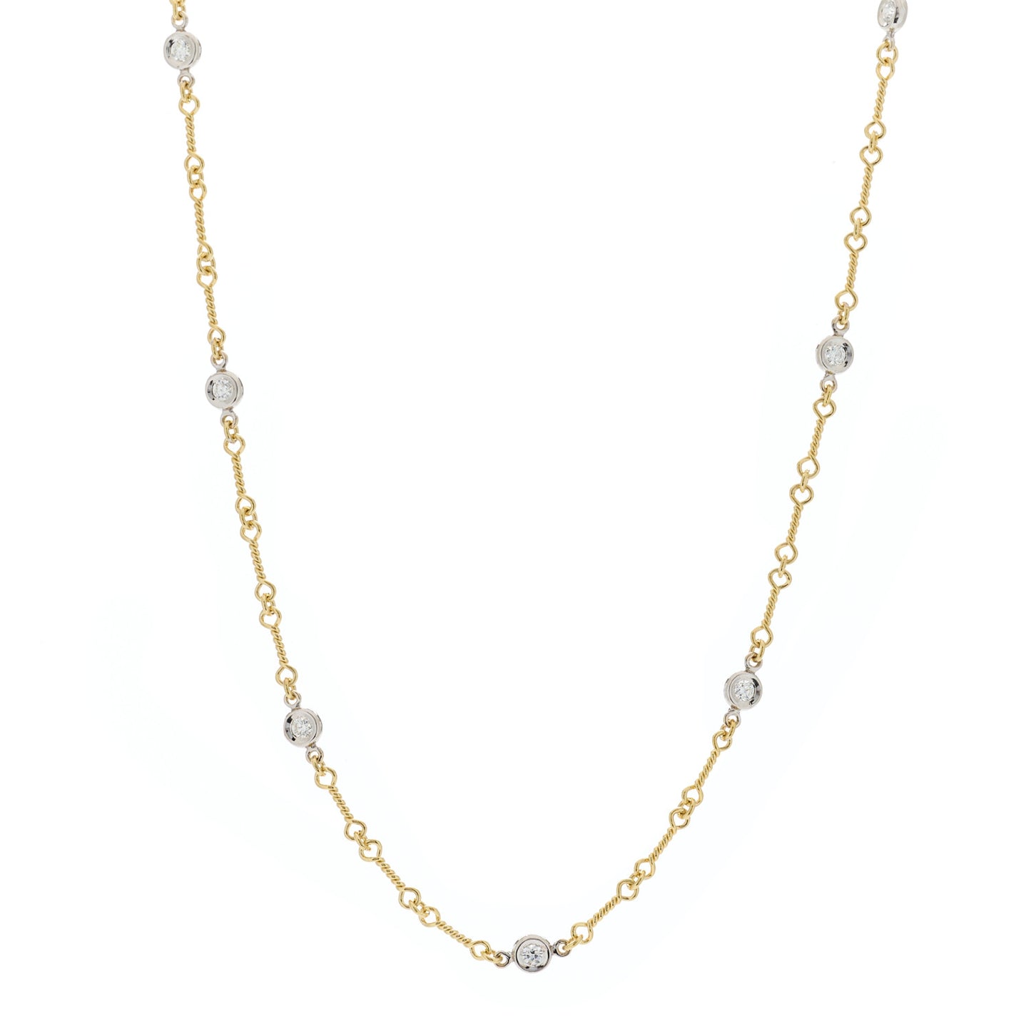 18K Yellow White Gold Diamond By the Inch Seven Station Dog Bone Necklace