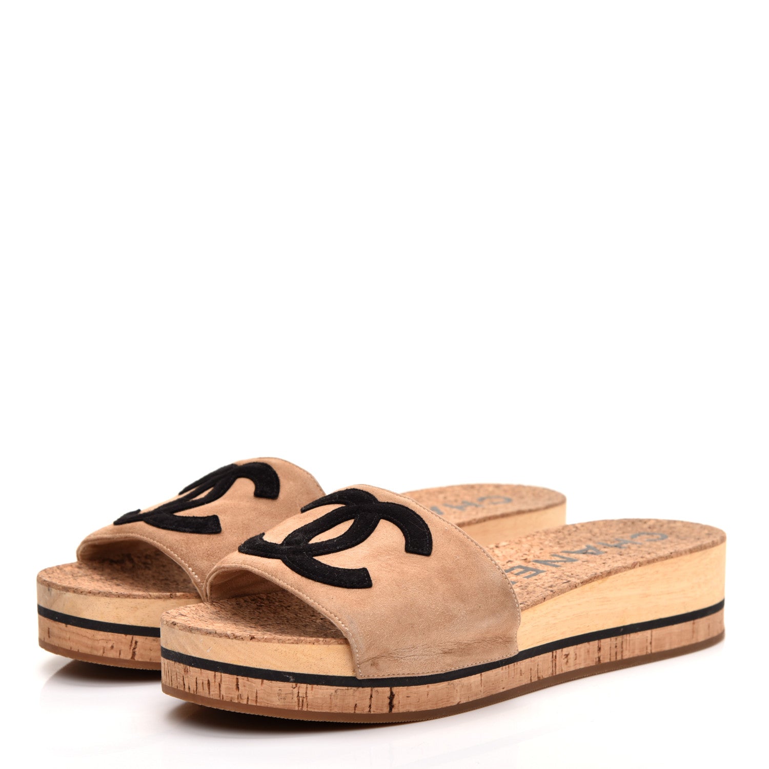 Chanel Suede Cork CC Mule Sandal 39 Beige Black 717894 – FASHIONPHILE