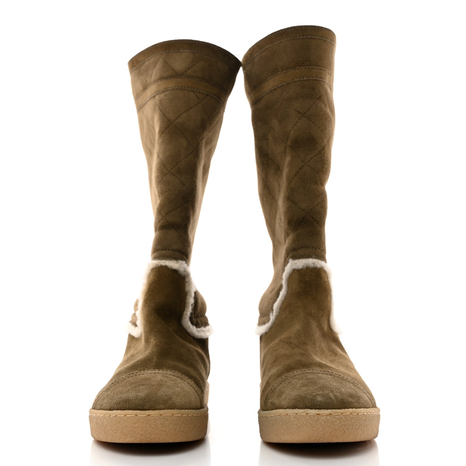 Chanel Suede Shearling Boots 36.5 Khaki 2 of 8