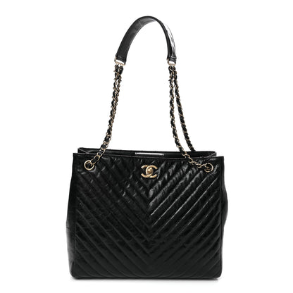 Chanel Aged Calfskin Chevron Quilted Shopping Tote Black 1 of 9