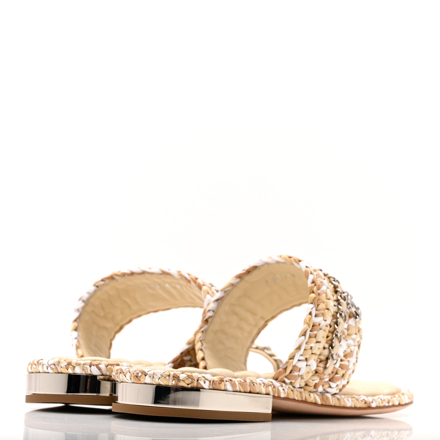 Raffia Lambskin Woven Chain CC Toe Ring Sandals 40 Beige White