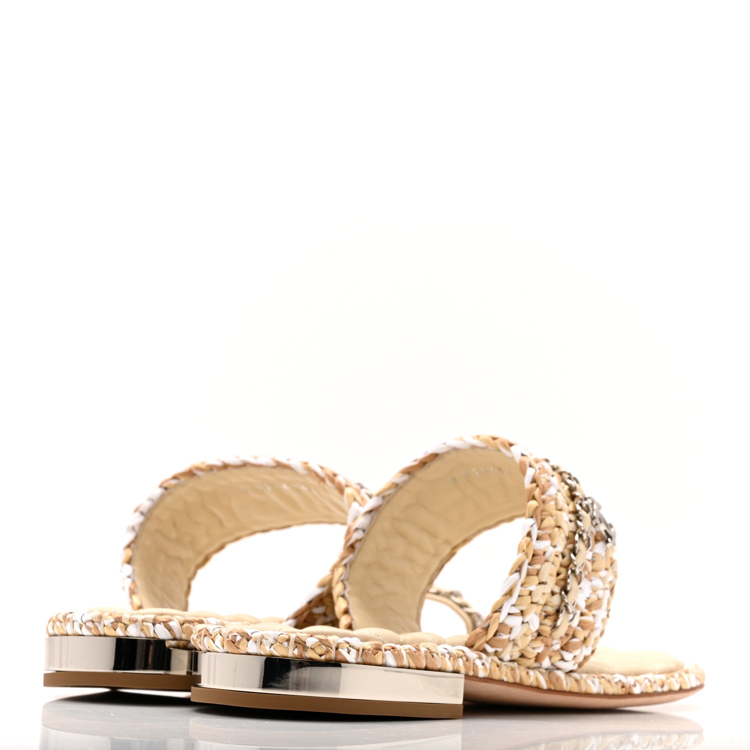 Chanel Raffia Lambskin Woven Chain CC Toe Ring Sandals 40 Beige White 5 of 10