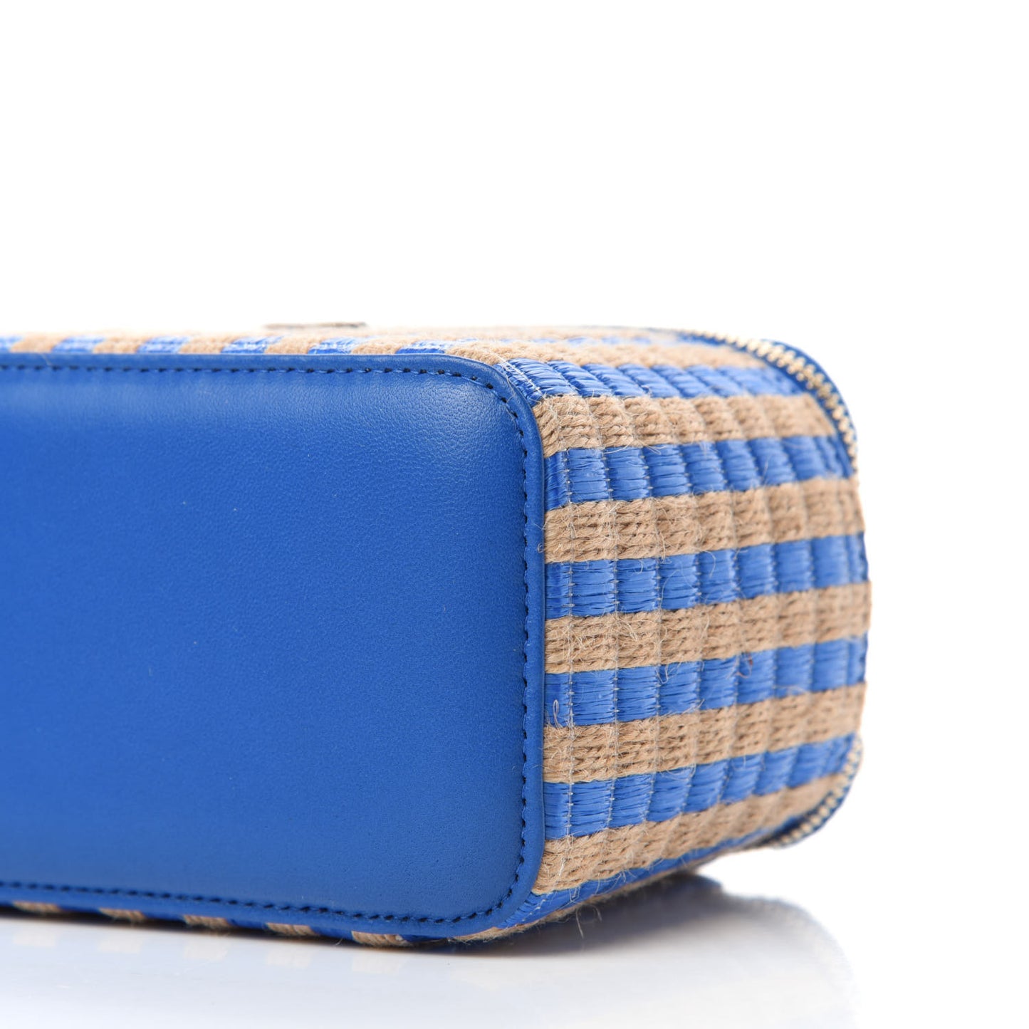 Raffia Jute Striped Small Vanity Case With Chain Blue Beige