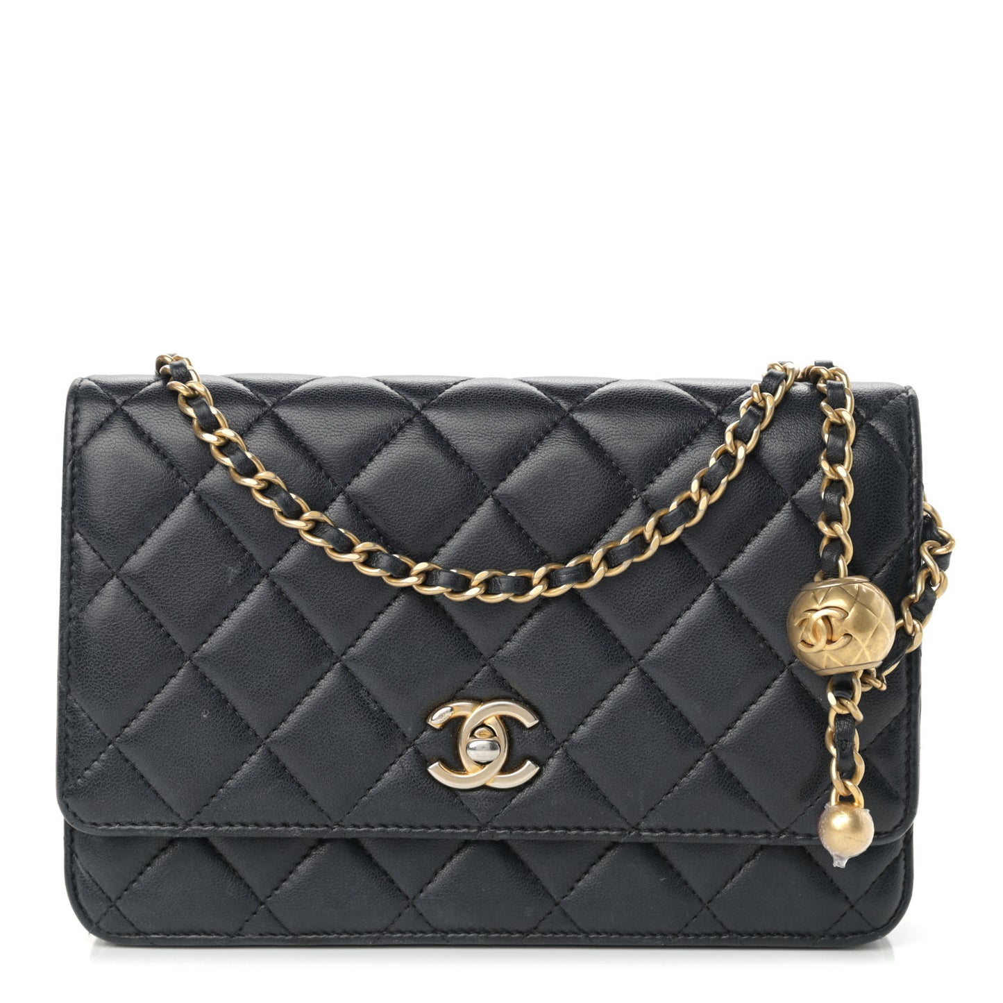 Lambskin Quilted CC Pearl Crush Wallet on Chain WOC Black