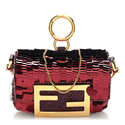 Fendi Sequin Paillettes Shiny Nappa Sex and the City Nano Maxi Buckle Baguette Charm Granata 1 of 11