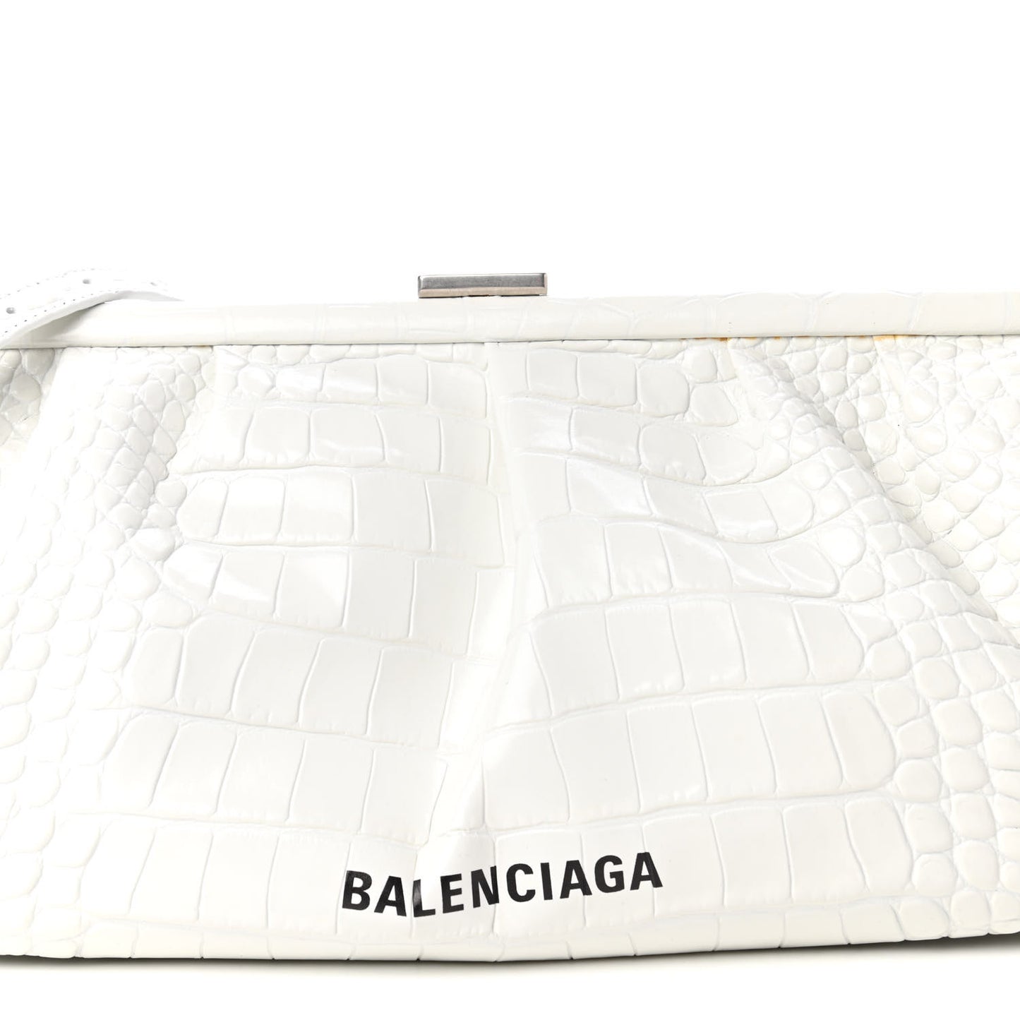 Shiny Supple Calfskin Logo Crocodile Embossed XL Cloud Clutch White
