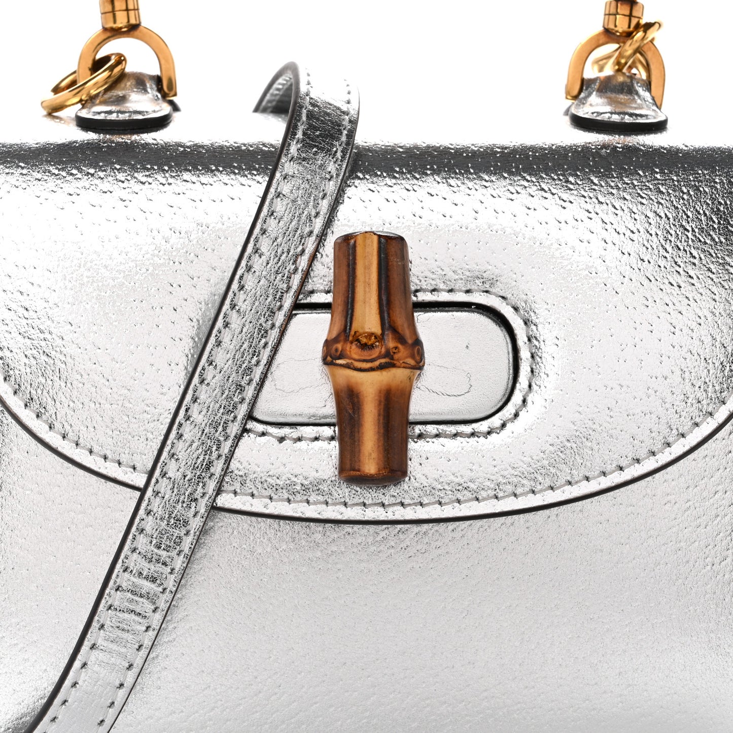 Metallic Calfskin Mini Bamboo 1947 Top Handle Bag Silver