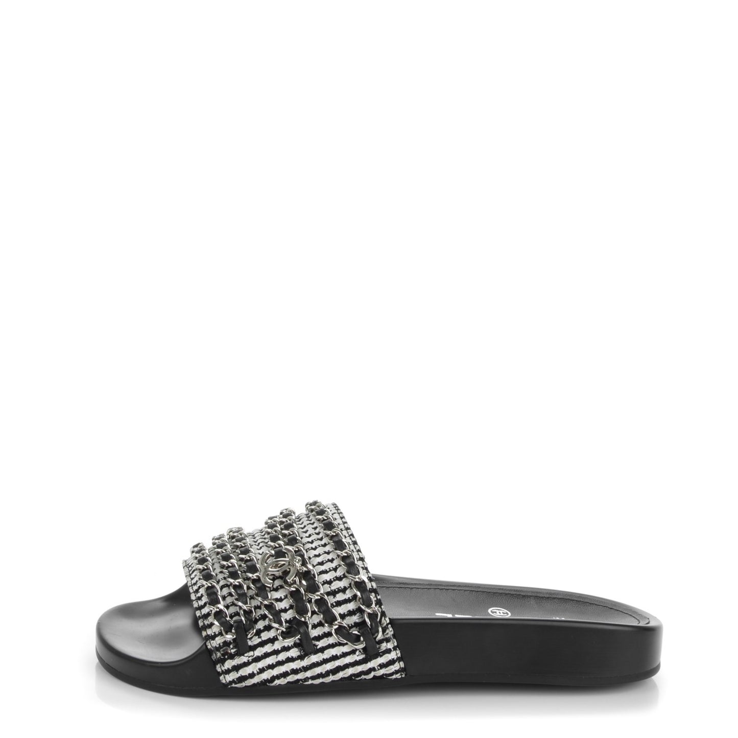 Tweed Lambskin Chain Flat Sandals 37 Black White