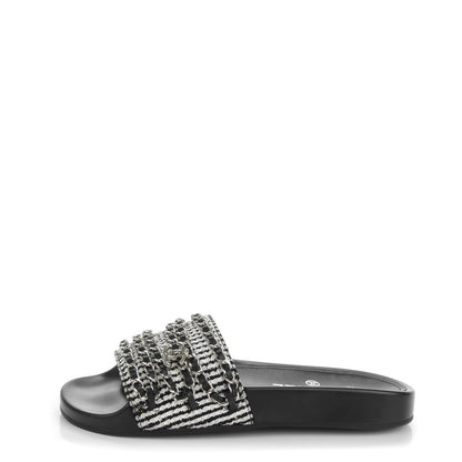 Chanel Tweed Lambskin Chain Flat Sandals 37 Black White 1 of 8
