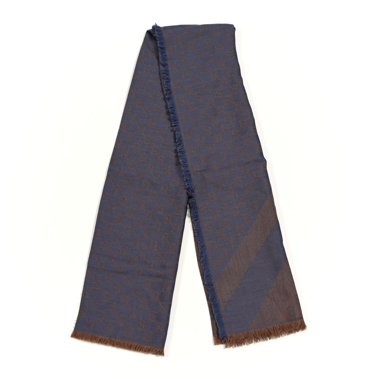 Wool Silk Monogram GGWeb Fringe Shawl Taupe Sky Blue