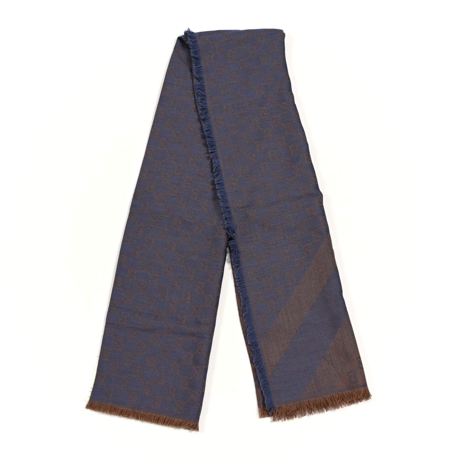 Gucci Wool Silk Monogram GGWeb Fringe Shawl Taupe Sky Blue 2 of 5