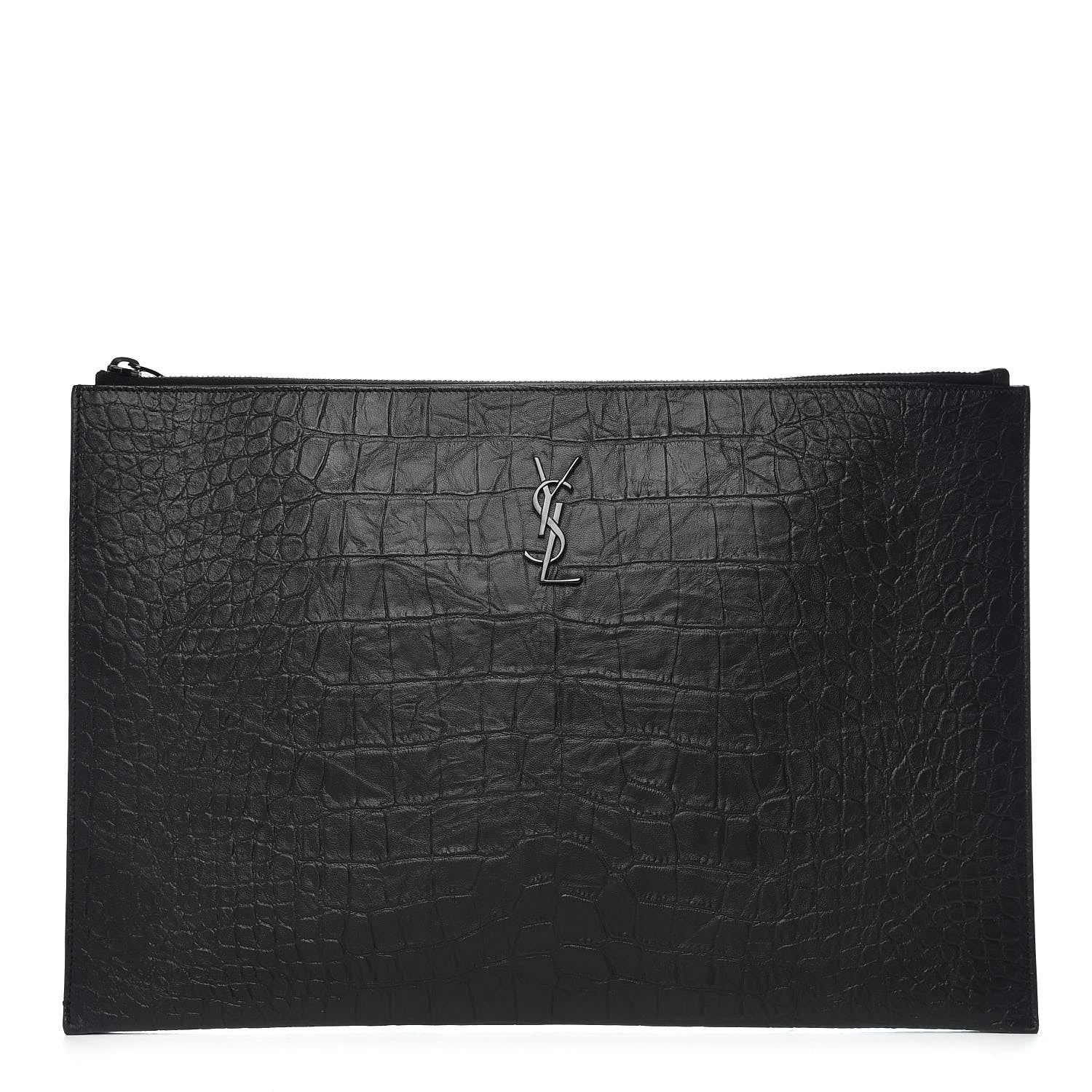 Saint Laurent Calfskin Crocodile Embossed Monogram Document Holder Black 1 of 9