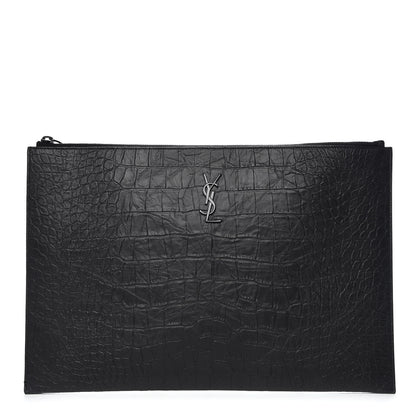 Saint Laurent Calfskin Crocodile Embossed Monogram Document Holder Black 1 of 9
