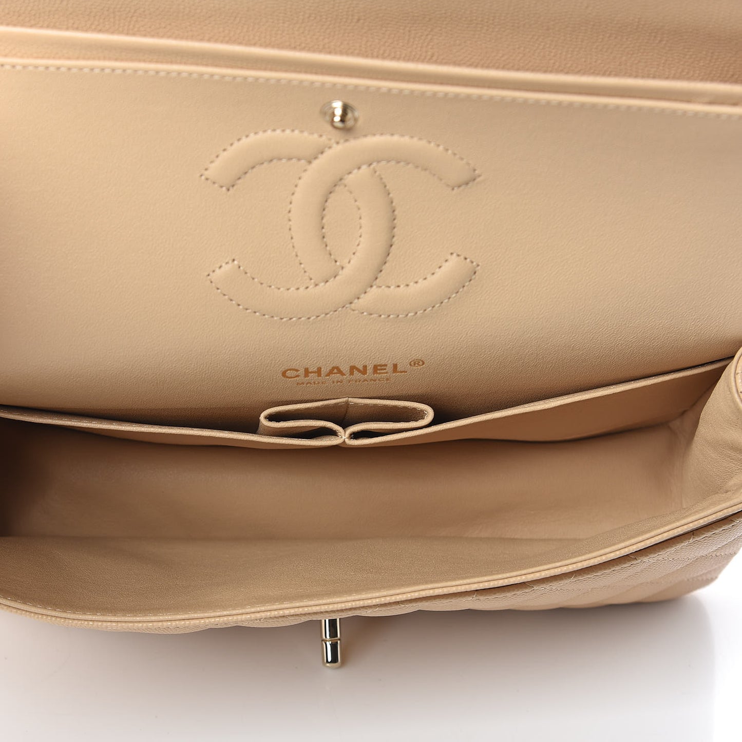 Caviar Quilted Medium Double Flap Beige Clair