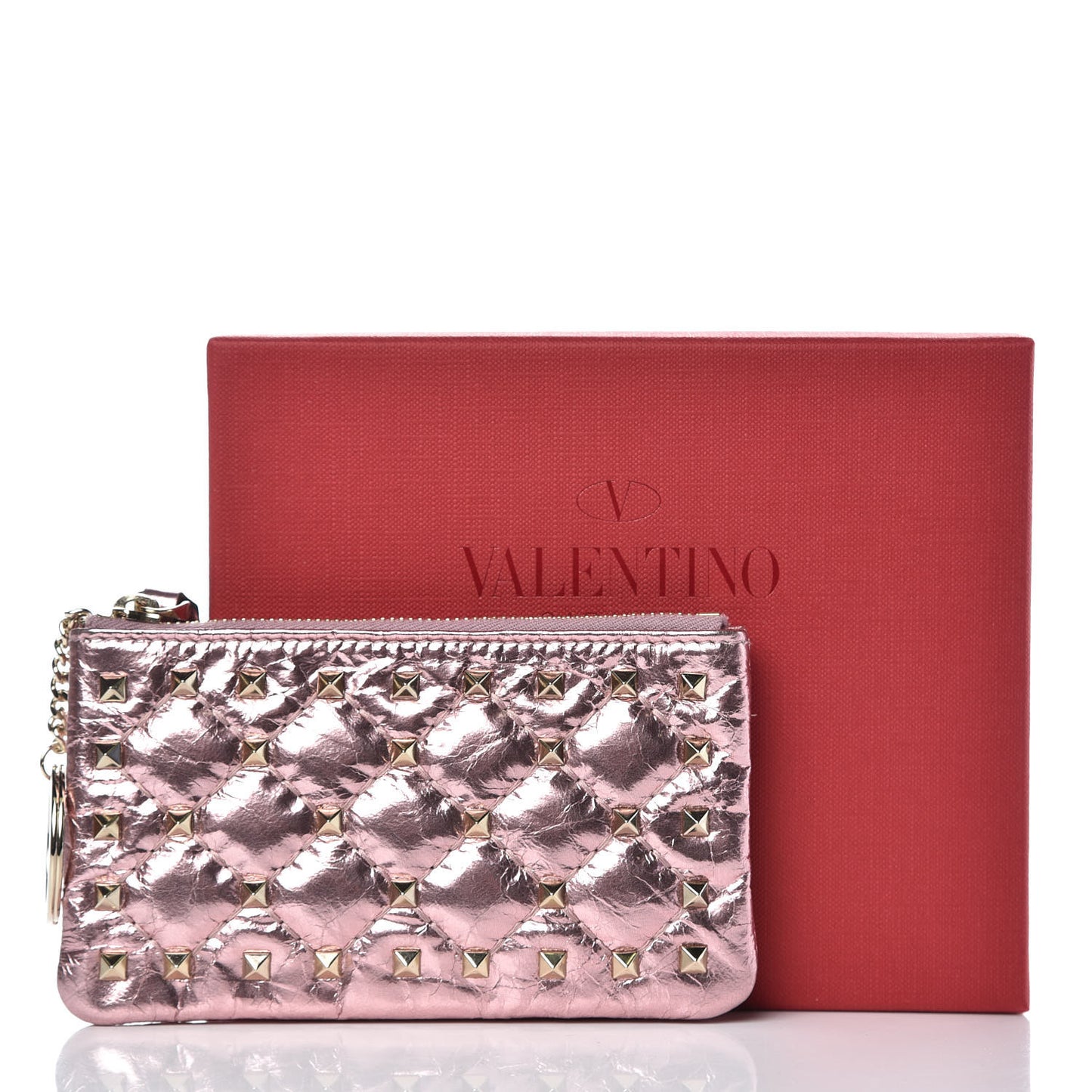 Metallic Wrinkled Lambskin Rockstud Spike Zip Coin Purse Lipstick