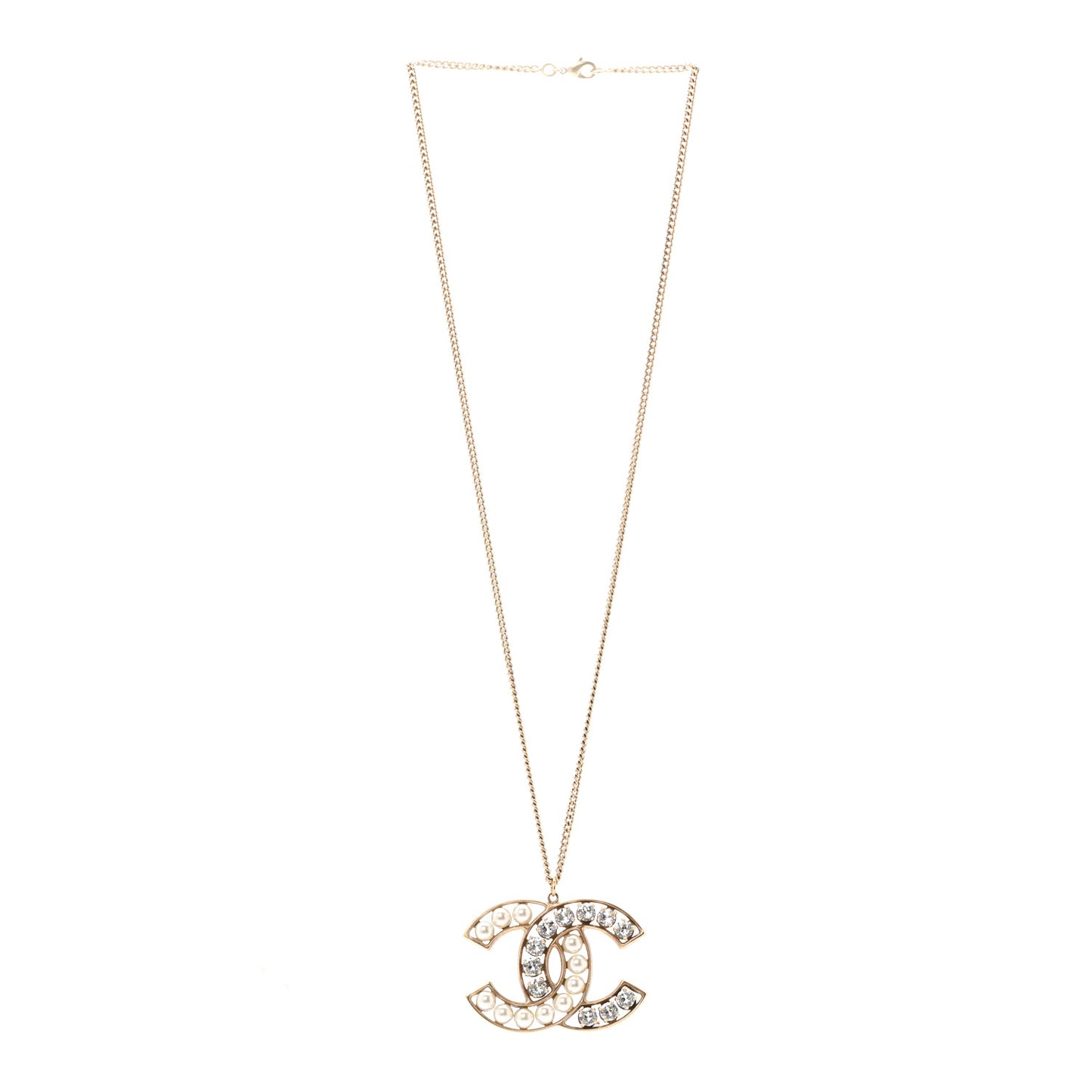 Pearl Crystal CC Pendant Necklace Gold