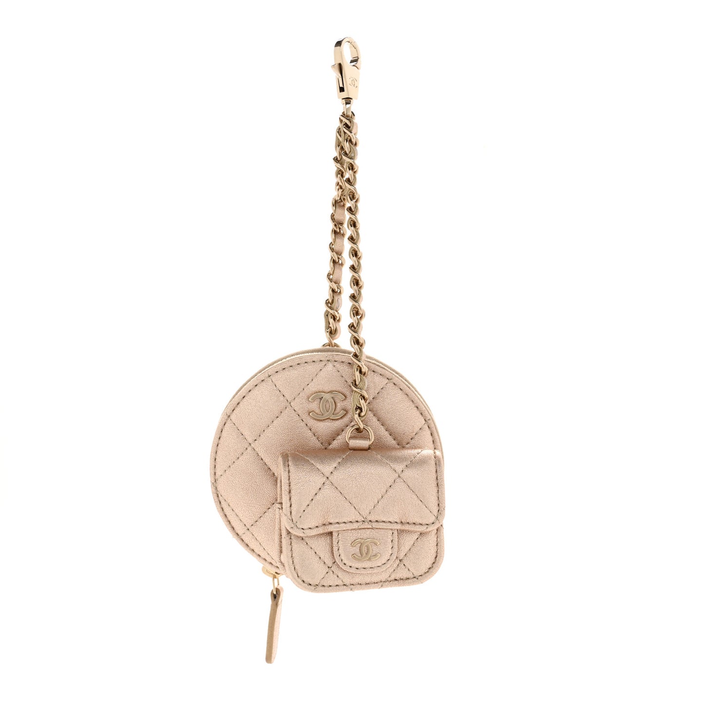 Metallic Lambskin Quilted Round Clip On Coin Purse Airpods Case Gold