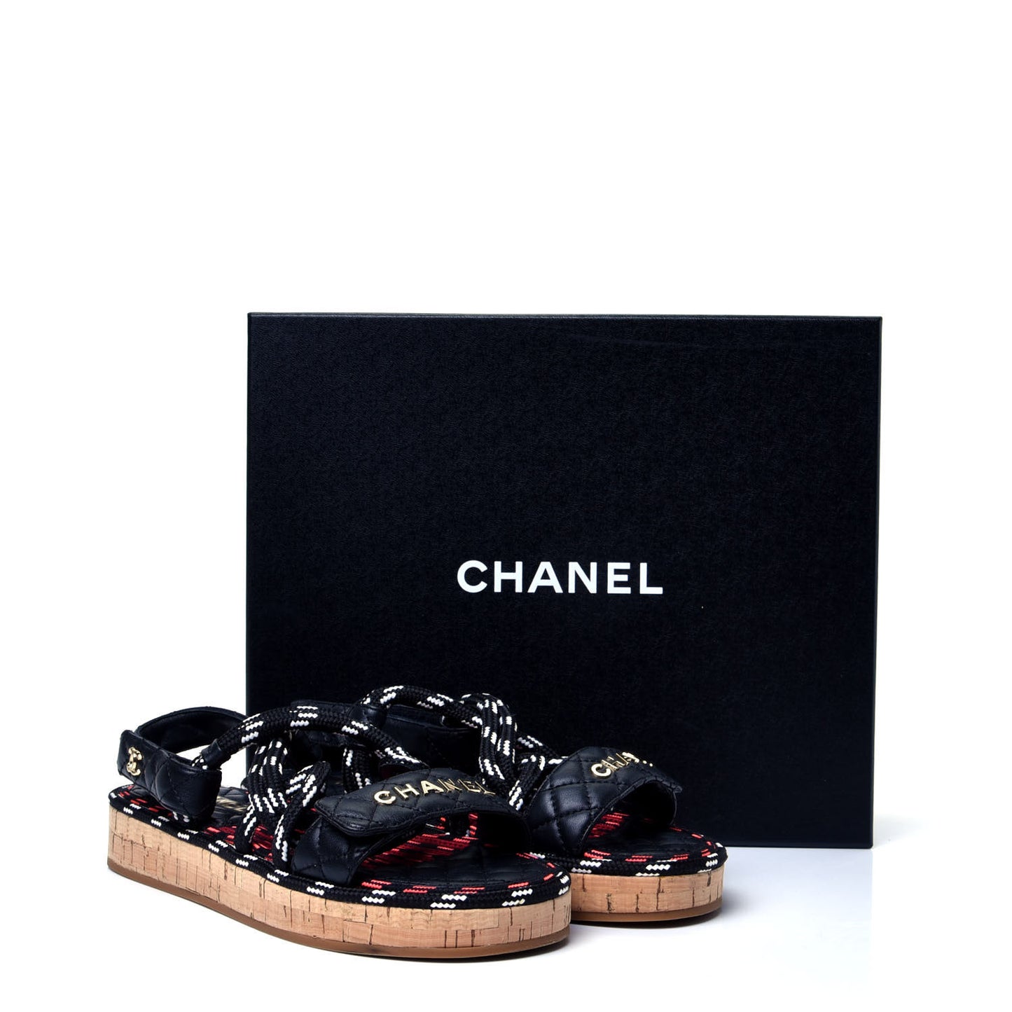 Cord Lambskin Quilted Logo Sandals 38 Black White