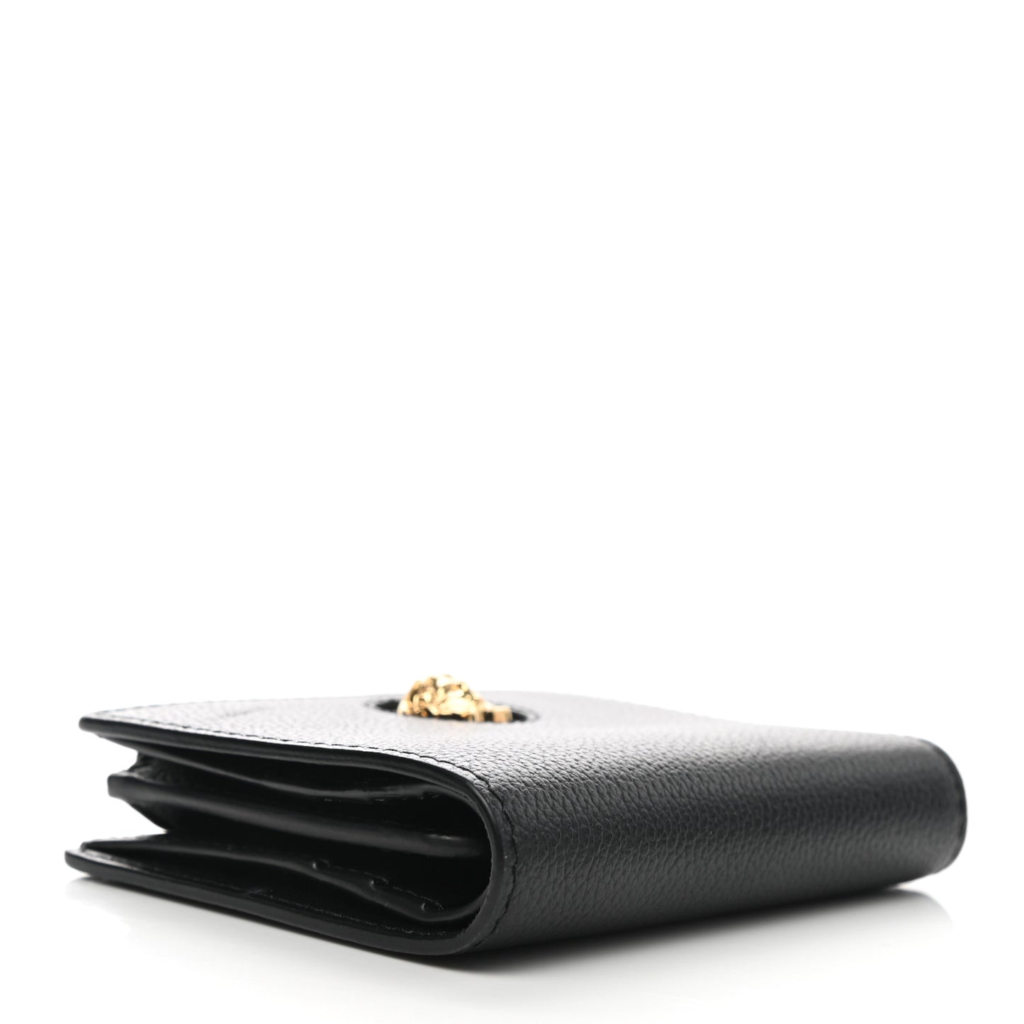 Grained Calfskin Medusa Zip Card Holder Wallet Black