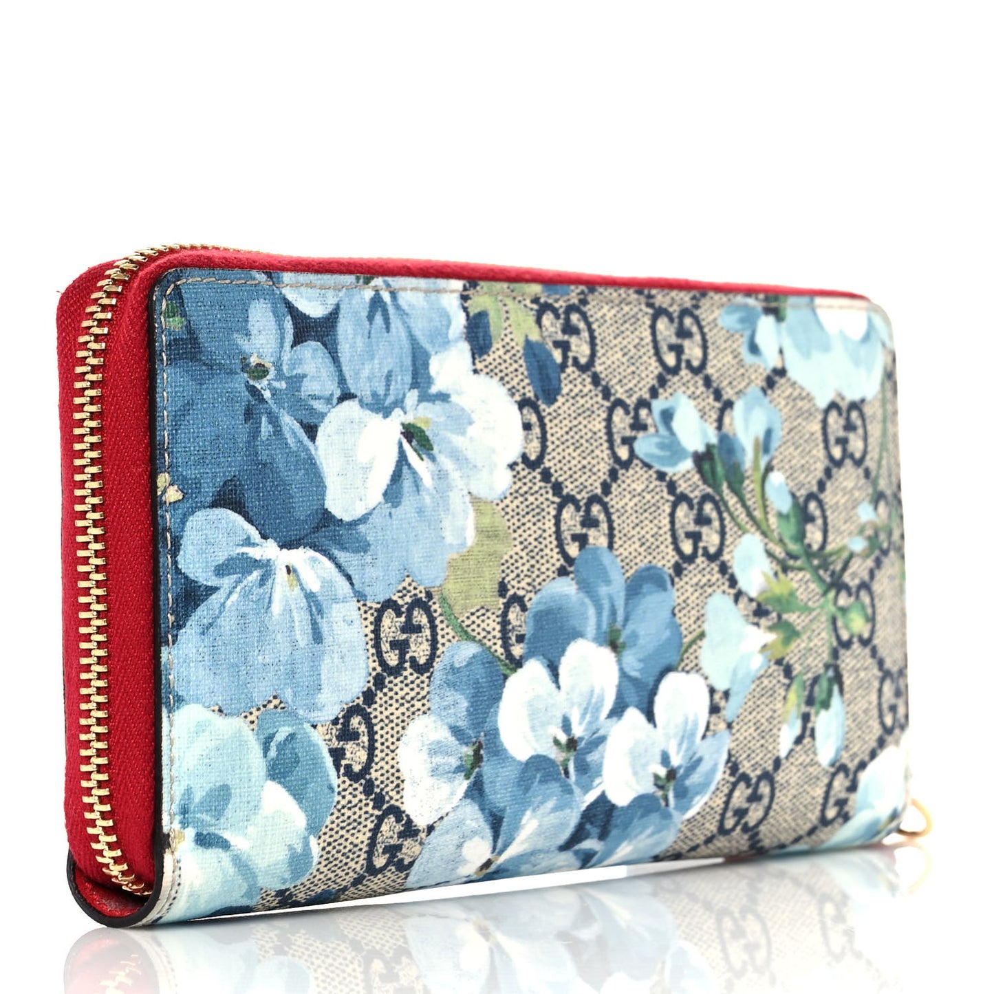 GG Supreme Monogram Blooms Zip Around Wallet Blue Red