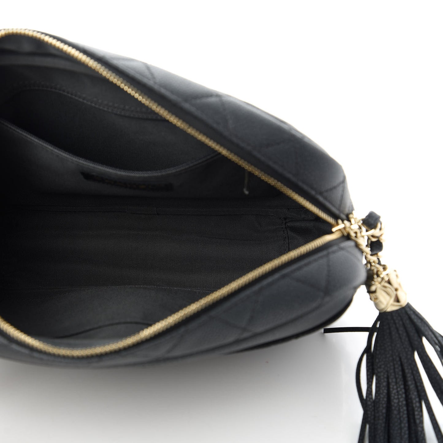 Iridescent Caviar Quilted Small Coco Tassel Camera Case Black