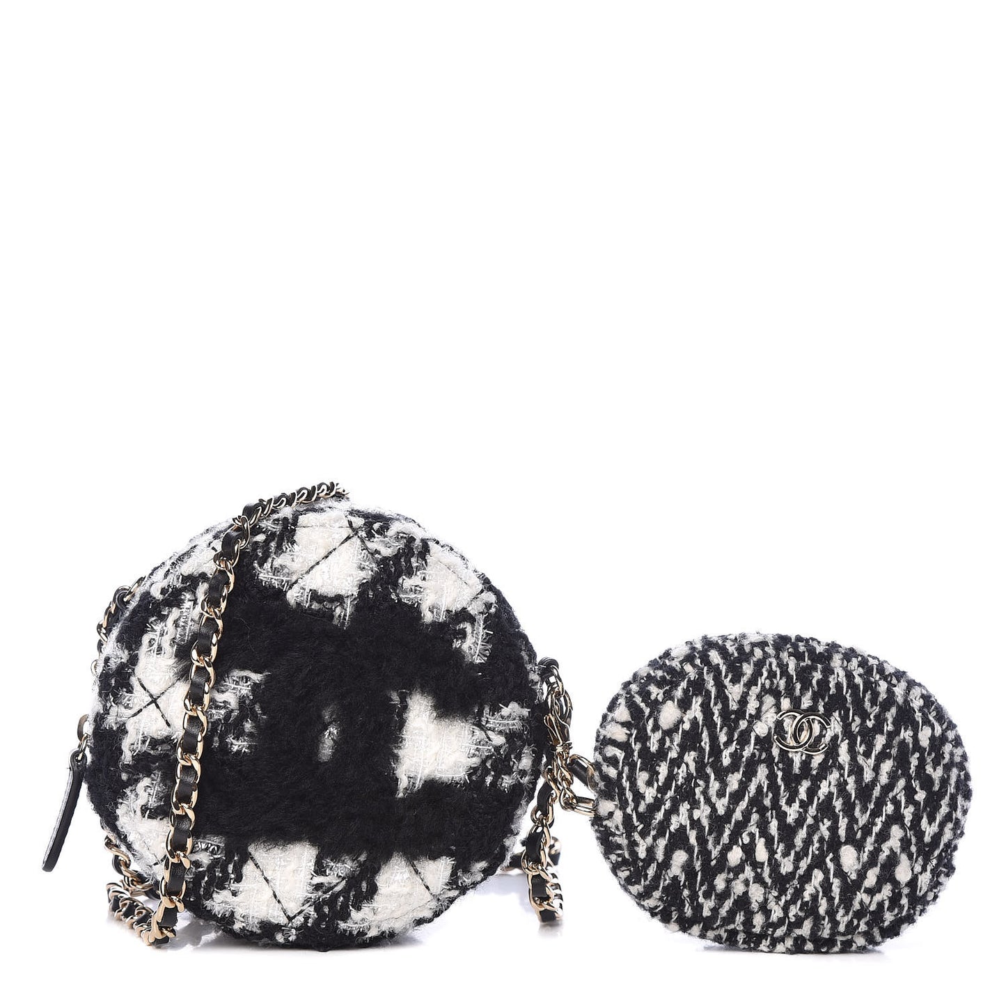 Tweed Shearling Round Clutch With Chain and Coin Purse Black and White