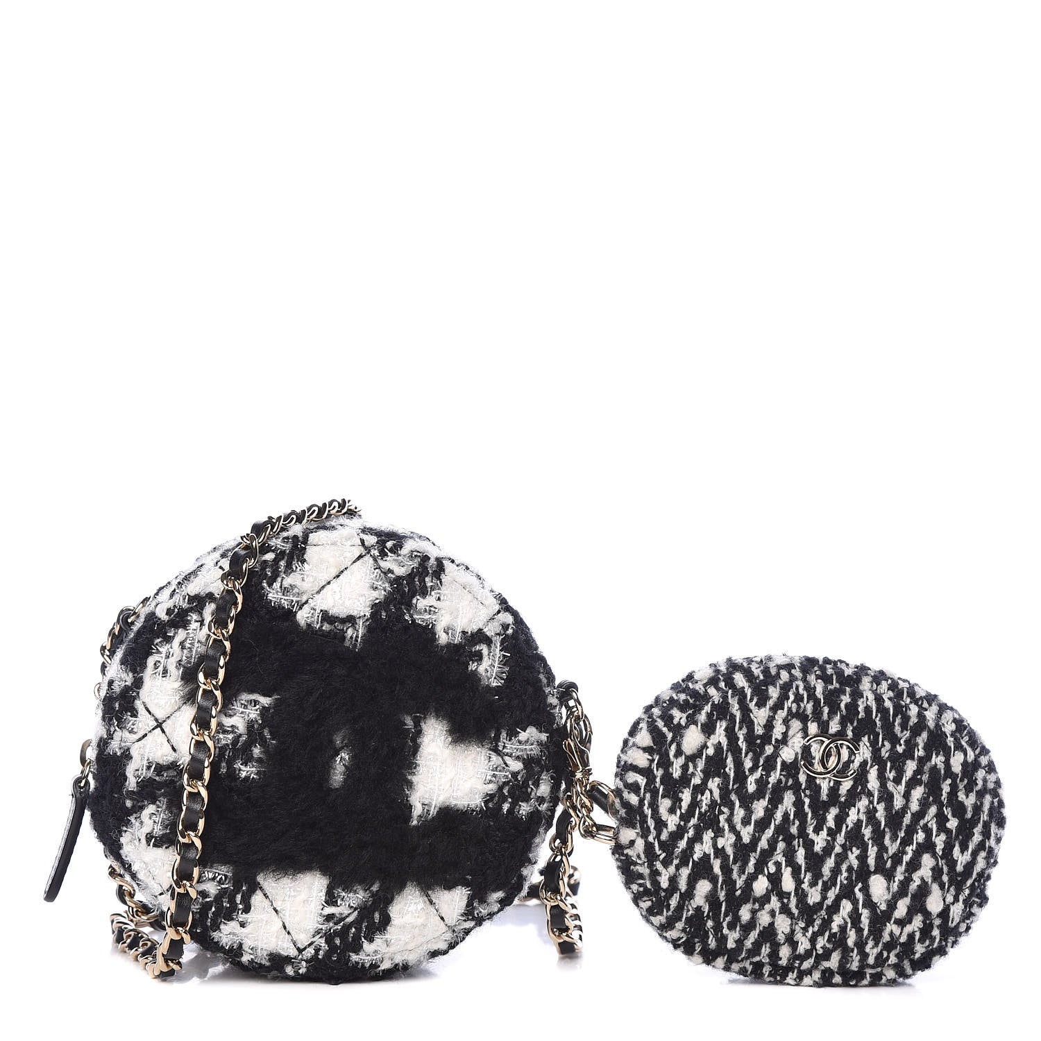 Chanel Tweed Shearling Round Clutch With Chain and Coin Purse Black and White 1 of 9