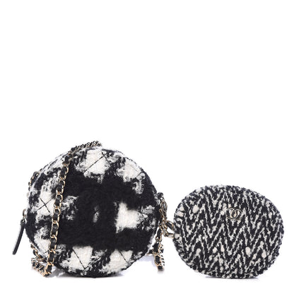 Chanel Tweed Shearling Round Clutch With Chain and Coin Purse Black and White 1 of 9