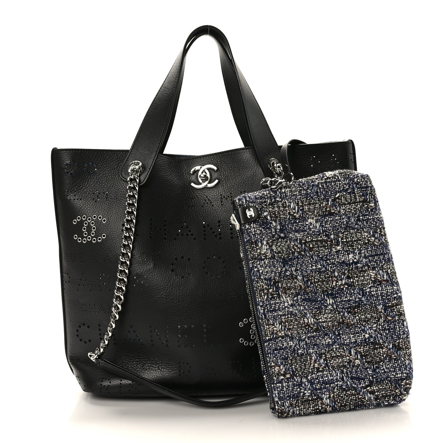 Calfskin Tweed Small Logo Eyelets Shopping Tote Black