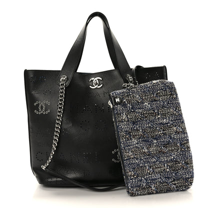 Chanel Calfskin Tweed Small Logo Eyelets Shopping Tote Black 3 of 10