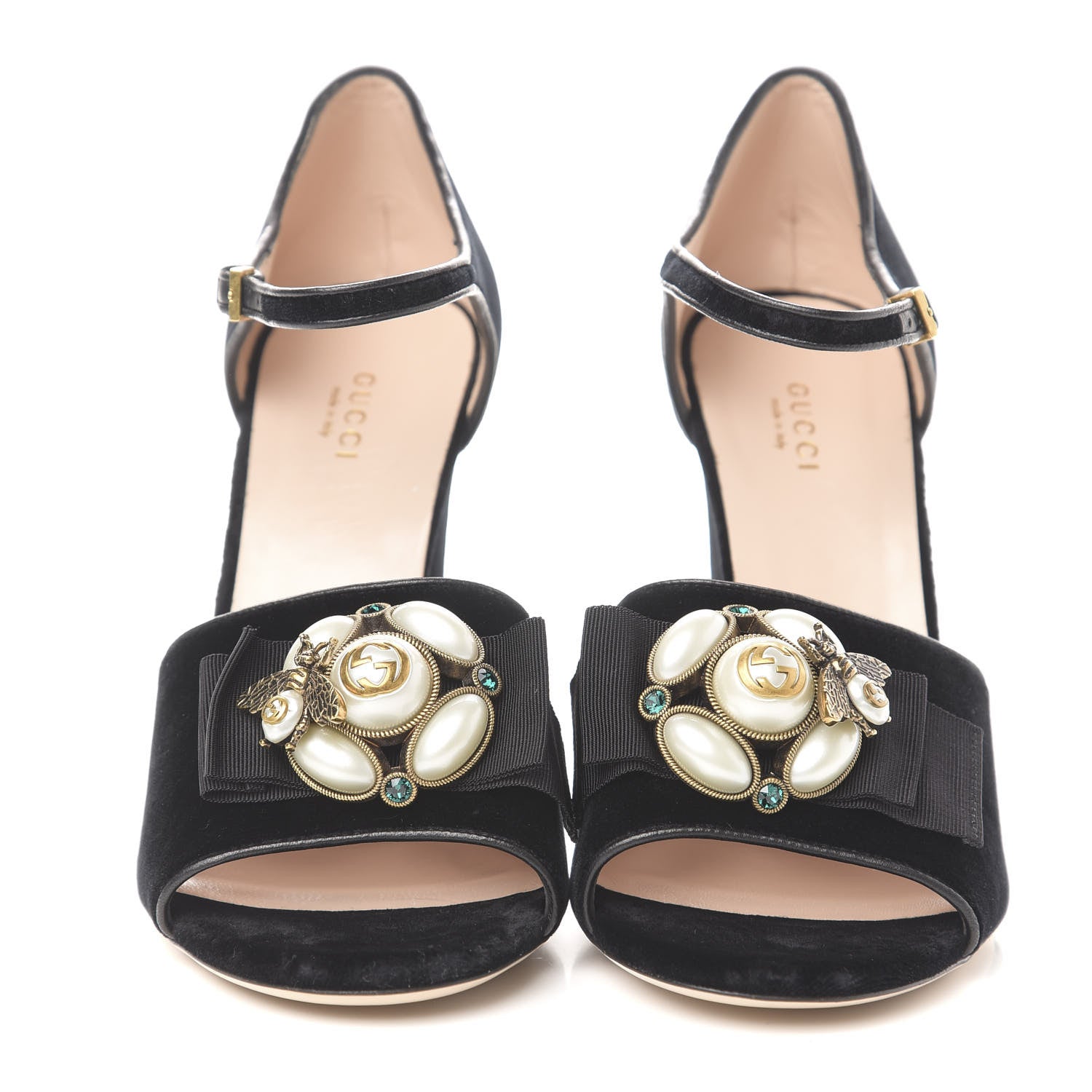 Gucci Velvet Pearl Bee Embellished Sandals 40 Black 2 of 8