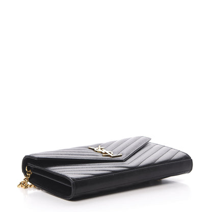 Saint Laurent Grain De Poudre Matelasse Chevron Monogram Chain Wallet Black 4 of 17