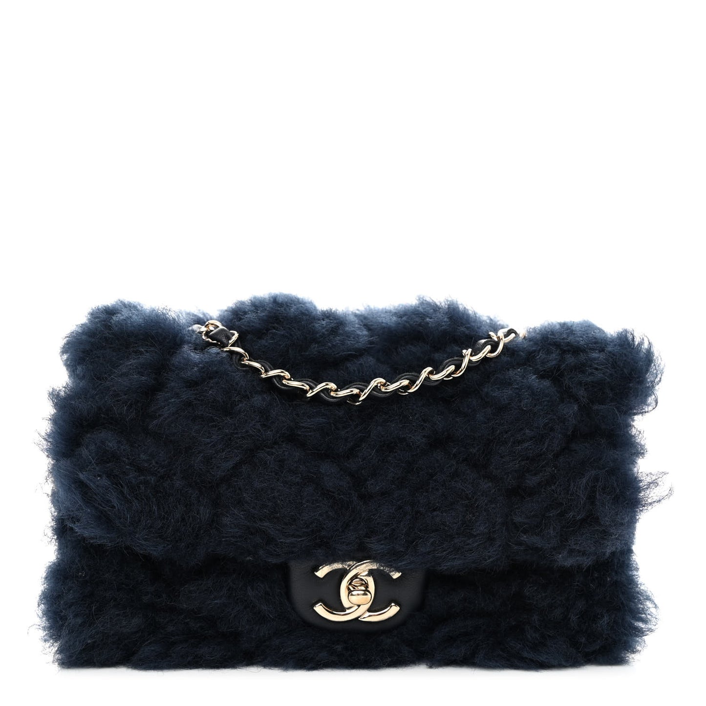Shearling Lambskin Quilted Flap Navy Blue