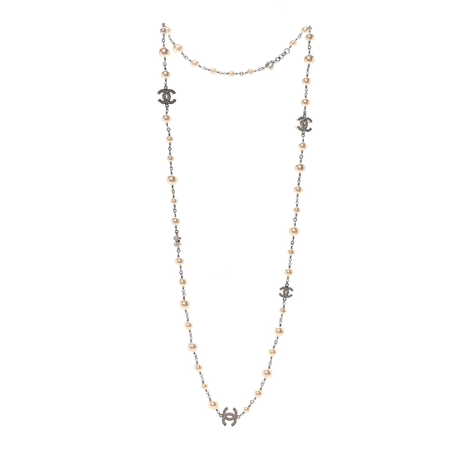 Graduated Pearl Crystal CC Long Necklace Silver