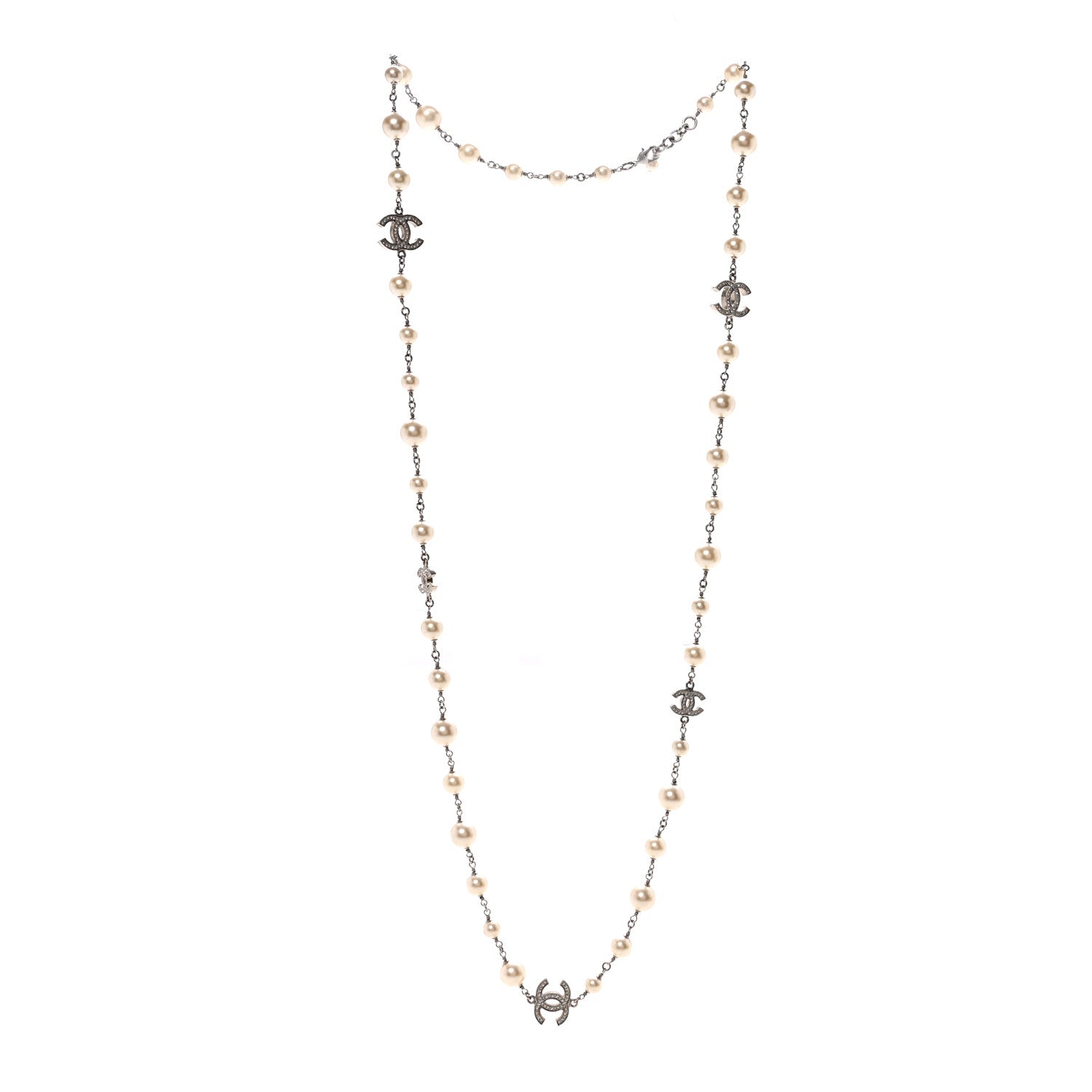 Chanel Graduated Pearl Crystal CC Long Necklace Silver 3 of 6