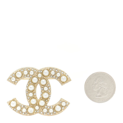 Chanel Metal Crystal Graduated Pearl CC Brooch Gold 3 of 12