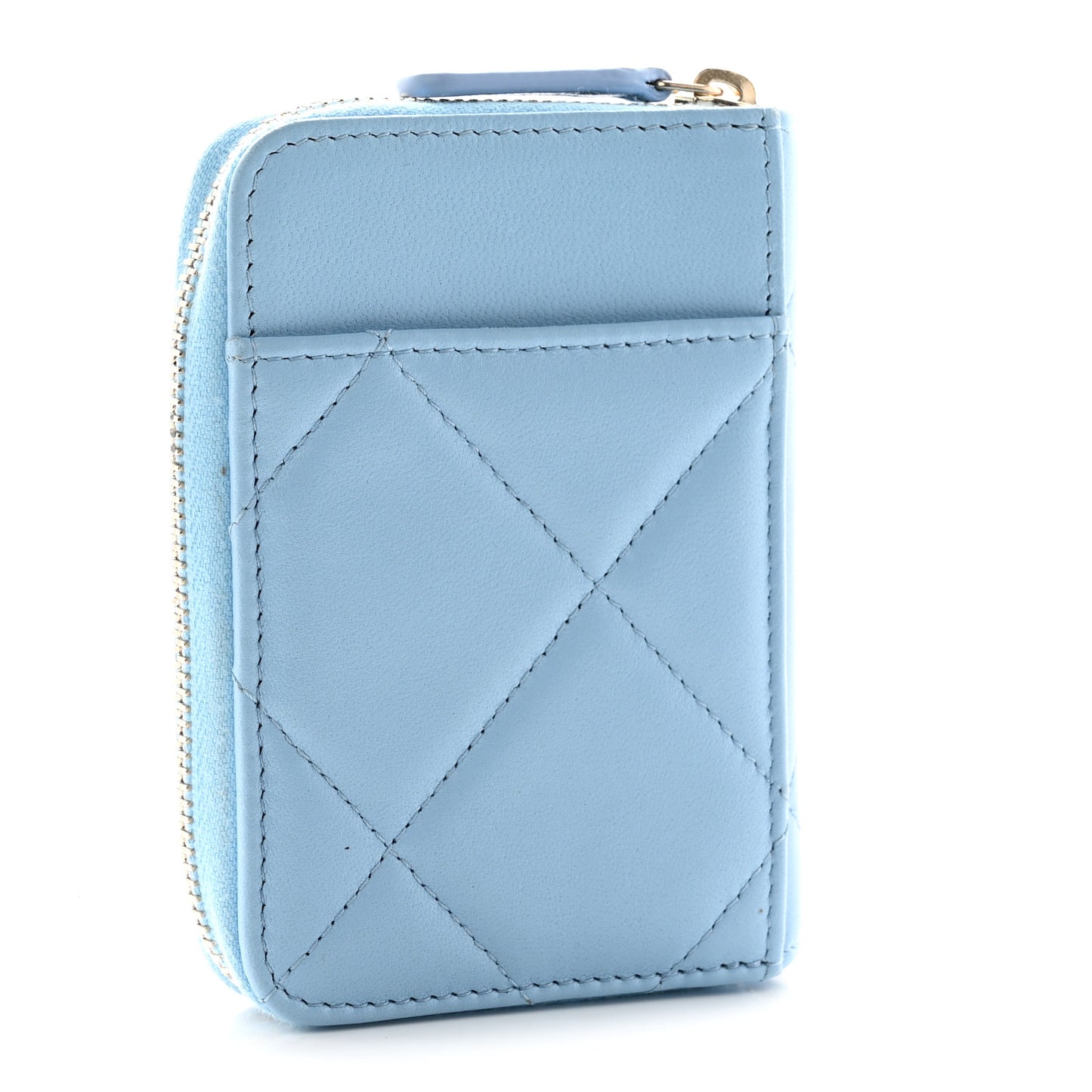 Lambskin Quilted Chanel 19 Vertical Zip Card Holder Wallet Light Blue