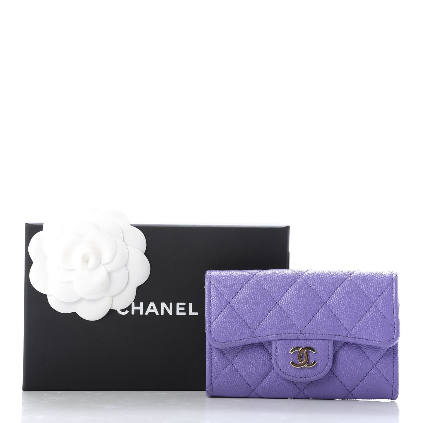 Caviar Quilted Flap Card Holder Wallet Purple