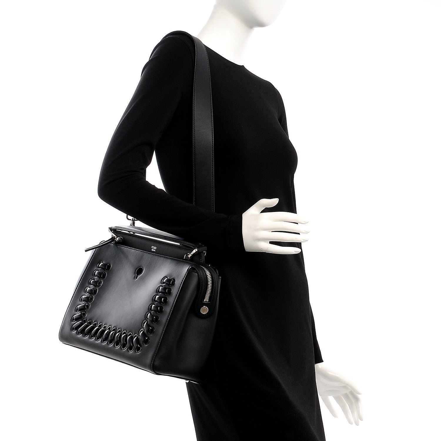 Fendi Vitello Baltico Dolce Shiny Nappa Lace Up DotCom Satchel Black Blue 2 of 11